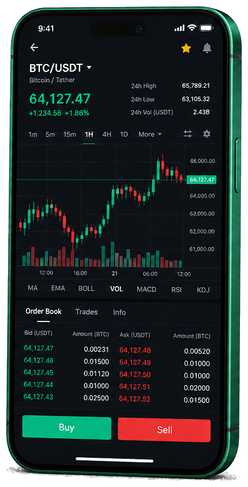 Minerv Corvesse trading platform on mobile — live BTC/USDT chart, order book, and buy/sell interface